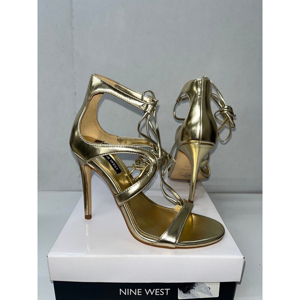 Nine West Women's Mindi 3 Gold Strappy Stilettos Heels Ankle Tie Size 7.5M